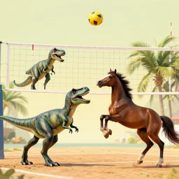 a horse and a velociraptor playing volleyball - n 10