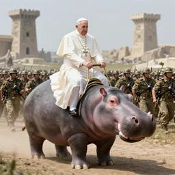 pope francis rides a hippo against the army of mordir