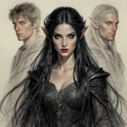 a drawing of an elven queen with long hairs in the style of marc simonetti and emil melmoth, cinematic lighting