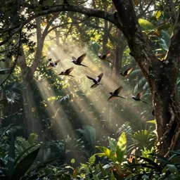 birds flying out of a tree in the jungle