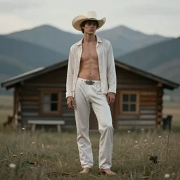 a beautiful ethereal homoerotic full - body portrait of a cowboy wearing skintight pajamas | he's wearing a cowboy hat and his outfit is unbuttoned | background is a cabin in the mountains | muted colours, dreamlike | by mark maggiori and frederic remington | trending on artstation