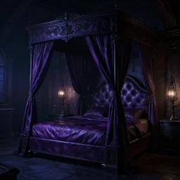 night time, moody dark lighting, dark purple leather dungeon bedroom, blade runner 2 0 4 9, king size canopy bed