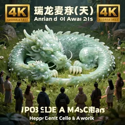 hyperrealist sleeping jade dragon in a meadow and people worshiping the jade dragon. fantasy art, photo realistic, dynamic lighting, artstation, poster, volumetric lighting, very detailed faces, 4 k, award winning