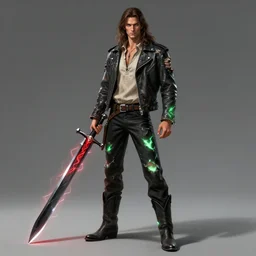 tall, lean man with long wavy brown hair. He wears a torn-up leather jacket and a beige cloth shirt underneath. Black pants, and cowboy boots. Pale green glowing energy glows through the tears in his clothes, and he carries a large crystalline black longsword with red lightning that arcs across the blade. by craig mullins, featured on artstation