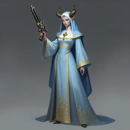 female full body demon nun holding fantasy gun concept art, light blue cleric robe with golden embroidery, nun veil cover with horns on top, dark fantasy game character design concept, in shoo art, miukumauk art, loputyn, billelis, srasa