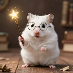 white hamster holding a magic wand with harry potter appearance and pose, and round glasses