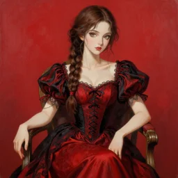 beautiful woman with braided brown hair, wearing an elegant dress, sitting in a chair, highly detailed, painting, red and black color palette, intricate, in the style of greg rutkowski, high quality anime artstyle