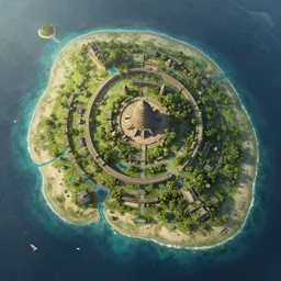 Long forgotten island that once hosted a great civilization now gone, Tropical Island, matte painting, concept art, top down view