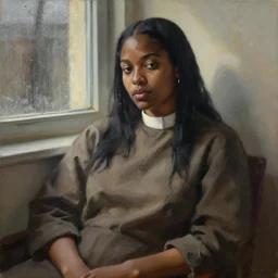 detailed portrait in priestess femininity, ethnic, statuesque, relaxed realistic face, casual wear, cozy study bathed in morning light, chiaroscuro, radiosity, angular impressionism, contrasting highlights, calm neutral color scheme, rainy window dappled light, modern fashion, contemporary art, deep rich hues, oil on canvas