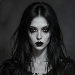 portrait painting of an androgynous goth witch with shoulder length flowing black hair pale skin and beautiful dark brown eyes, ultra realistic, concept art, intricate details, eerie, highly detailed, photorealistic, octane render, 8 k, unreal engine. art by artgerm and greg rutkowski and magali villeneuve