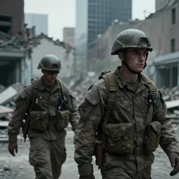 closeup two American soldiers moving cautiously through the ruins of New York City, 4k, cinematic, calm, desolate, melancholy, tense