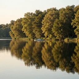 calm lake, reflection of trees in background in lake, golden hour soft light, boat in lake, highly detailed, super realistic, art by greg rutsoswki