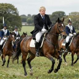 Boris Johnson riding a horse into battle
