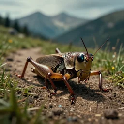 closeup of a cricket ( gryllus ), insect. dirt and grass mountain path in avila mountains, 4 k, concept art, by wlop, ilya kuvshinov, artgerm, krenz cushart, greg rutkowski, pixiv. cinematic dramatic atmosphere, sharp focus, volumetric lighting, cinematic lighting, studio quality, cricket eyes reflections.