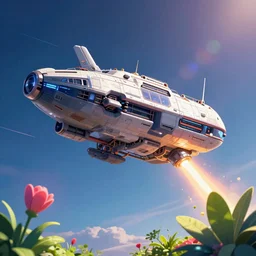 A massive cyberpunk ship in space shooting at a plant. Bright colors, lens flare.