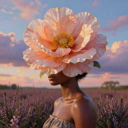 closeup, huge flower under head, an african woman in heather field, surreal photography, golden hour, colorful clouds, impressionist painting, digital painting, artstation, simon stalenhag