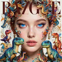 pretty model blue eyes with cute dinosaurs : : by martine johanna and simon stalenhag and chie yoshii and casey weldon and wlop : : ornate, dynamic, particulate, rich colors, intricate, elegant, highly detailed, vogue, harper's bazaar art, fashion magazine, detailed face, smooth, sharp focus, 8 k, octane render,