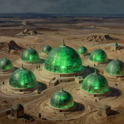 hyper detailed painting of domes made of green light, sprawling across majestic parched plains, by francisco goya and rembrandt, unsettling, mysterious, by stephan martiniere and alexander fedosav, hyperrealism, 8 k resolution, behance hd, artstation, nightcafe