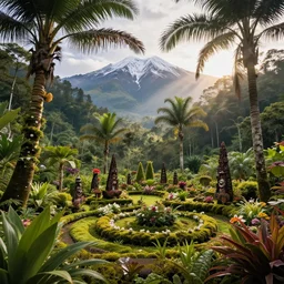 photography of traditional papuan garden with palm trees and various flowers, background of mossy cloud forest in the baliem valley, snow mountains west papua indonesia, god rays, raytracing effects, 8 k, photorealistic, 2 4 mm