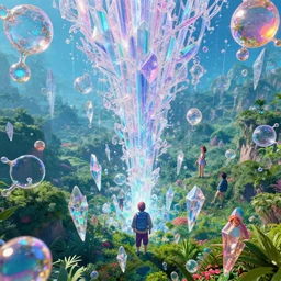 shimmering molecules hovering over lush landscape, infinite crystal ascent, synthwave, bright neon colors, highly detailed, cinematic, panoramic, tim white, michael whelan, roger dean, bob eggleton, lisa frank, vladimir kush, kubrick, kimura, isono