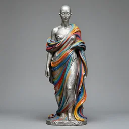 bald silver woman statue, clothed, colorful paint swirling around, john howe, greg rutkowski