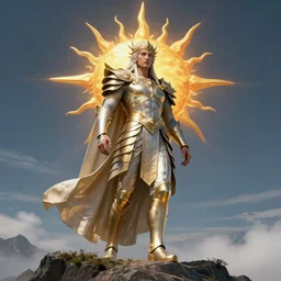 A celestial god, wearing the armor of 100 suns standing on a mountain, cinematic, dynic lighting, photorealistic, fantasy concept art, ultra detailed, stunning visuals