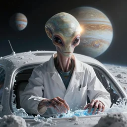 close - up portrait of an alien scientist creature in his vehicle, breaking through the moon europa ice layer for the first time, background of jupiter