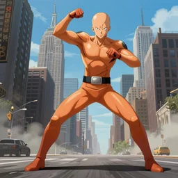 very detailed full body concept character portrait illustration of saitama in new york city doing an action pose, action scene, digital illustration, concept art, matte painting, digital painting, illustration, amazing value control, 8 k, ultra detailed, in the style of sony pictures animation, minimal artifacts, rubber suit, graphic style