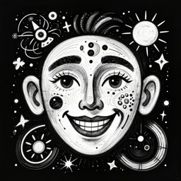masterpiece, black background, psychedelic therapy, artwork by joan miro, trending on ArtStation, ink splatters, pen lines, incredible detail, creative, positive energy, happy, unique, negative space, face, artgerm