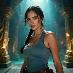 film still of!!!! megan fox!!! as lara croft in new tomb raider movie, closeup portrait, exploring interior of torchlit atlantis underwater temple, glamour pose, dramatic lighting, octane, mist, volumetric lighting, 8 k
