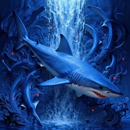 only with blue, high fashion shark, too many fins in all directions, in hoc signo vinces, waterfall, in the style of leonora carrington, gottfried helnwein, intricate composition, blue light by caravaggio, insanely quality, highly detailed, masterpiece, red light, artstation