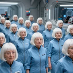 troop of 1 2 0 - year - old grannies with white bob hairdos, tight light blue neopren pilot suits, futuristic cloning facility, sci - fi, highly detailed, cinematic
