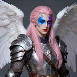 portrait of a viking angel, wearing battle armour and makeup, blue, light pink, purple and red color scheme. highly detailed, artgerm, cushart krenz, artstation, soft light, sharp focus, illustration, character design, concept art
