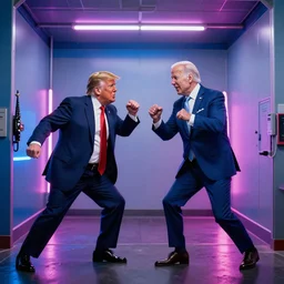 donald trump and joe biden fighting inside of a car wash with neon lighting, 4k realistic photo