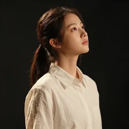 portrait of a beautiful korean girl, medium closeup, pigtails, cinematic light, dark background, sideview, looking up, wrinkled cotton shirt, by ilya kuvshinov