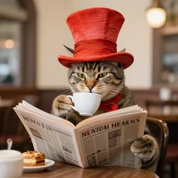 a cat in a hat drinking tea and reading a newspaper in a cafe