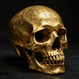 a golden runic skull intricately decorated with ancient runic inscriptions and prophecies. dark ominous chiaroscuro baroque still life style. dramatic lighting, ultra detailed, unreal engine 5 by beksinski, billelis. ominous darkness background. weirdcore