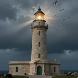 Detailed Exterior Shot of Stormy Gale Lighthouse of Alexandria, light of god, light shafts, flock of birds, stunning atmosphere, in Style of Peter Mohrbacher, cinematic lighting