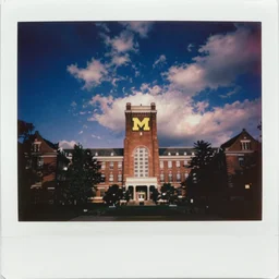 Vintage analog poloroid of beautiful night at the University of Michigan, detailed clouds, warm azure tones, red color bleed, film grain