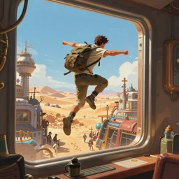A character jumping through a window to escape his pursuant, large bustling steampunk city, sunny day, desert landscape, digital painting, concept art, artstation, octane render, 8k, unreal engine