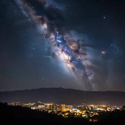 a beautiful double exposure of a deep field astrophotography image by hubble in the sky and a night time landscape with mountains and a cityscape, lpoty, award winning, apod, super sharp detail, detailed