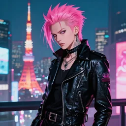 punk leather samurai with pink hair. tokyo can be seen in the distance. art in the style of vincent di fate's cyberpunk 2 0 2 0.