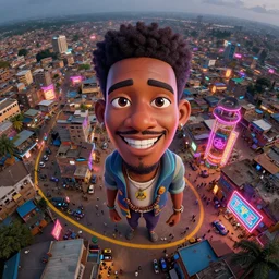 3 d vfx - caricature - art of a bustling - neon lit - ajegunle slum in nigeria, unreal engine render, digital illustration, illustration style by mike winkelmann, sharp, intricate detail, volumetric light, ray tracing, soft light, colourful, surreal environment, drone view, fish eye lens, cinestill 8 0 0 t photograph, acrylic,