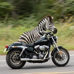 zebra on a Harley Davidson on the road, funny picture