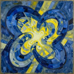 expressionist painting of shapes of blue and yellow energy colliding with each other and intertwining