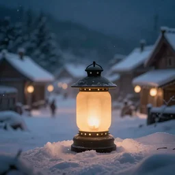 a blurry ambient lantern in the distance of a snowy village at night, dynamic lighting, ambient lighting, atmospherical, photorealistic fantasy concept art, trending on art station, stunning visuals, creative, cinematic, ultra detailed