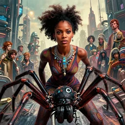 realistic detailed closeup portrait movie shot of a beautiful black woman riding a giant spider, dystopian city landscape background by denis villeneuve, amano, yves tanguy, alphonse mucha, max ernst, kehinde wiley, caravaggio, roger dean, cyber necklace, rich moody colours, sci fi patterns, wide angle
