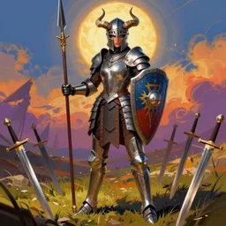 woman, full armor, helmet with horns, shield, spear, place of battle, swords stuck in the ground colorfully, highly saturated colors, detailed illustration, digital art, overdetailed art, concept art, Sylvain Sarrailh, Greg Rutkowski, trending on artstation