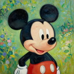 portrait of mickey mouse, there is a beautiful garden in the background, oil painting by van gogh