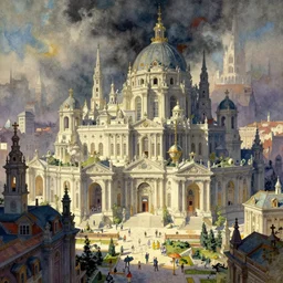 cityscape of the ancient an neoclassical elve city. intricate, amazing composition, colorful watercolor, by ruan jia, by maxfield parrish, by marc simonetti, by hikari shimoda, by robert hubert, by zhang kechun, illustration, gloomy, volumetric lighting, fantasy